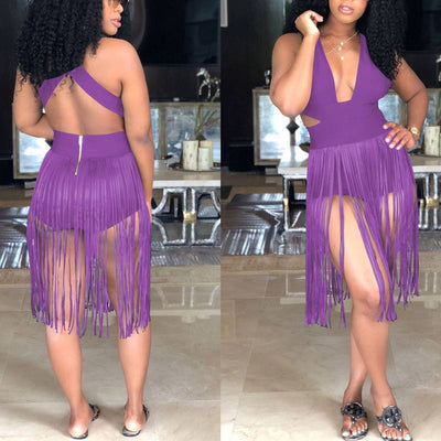 Solid Halter Sleeveless Tassel Design Romper