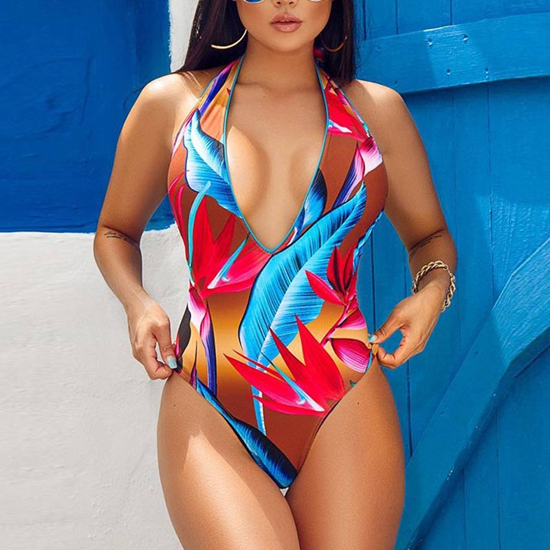 Leaf Pattern Sleeveless One Piece Swimsuit