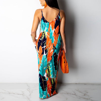 Leaf Print Sleeveless Maxi Dress