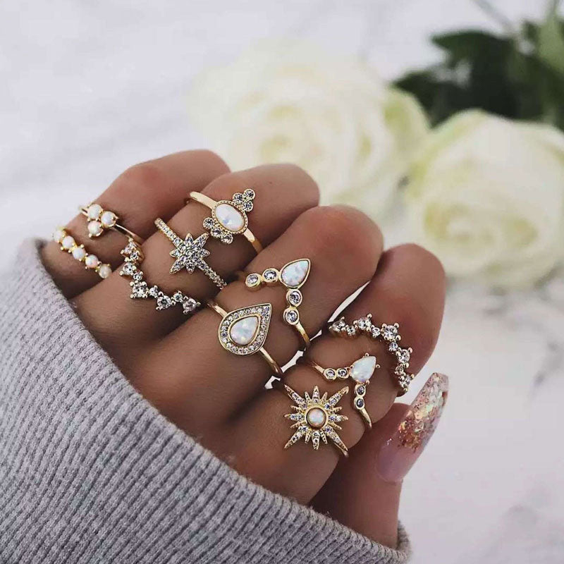 10PCS Waterdrop & Sun Pattern Studded Rings Set