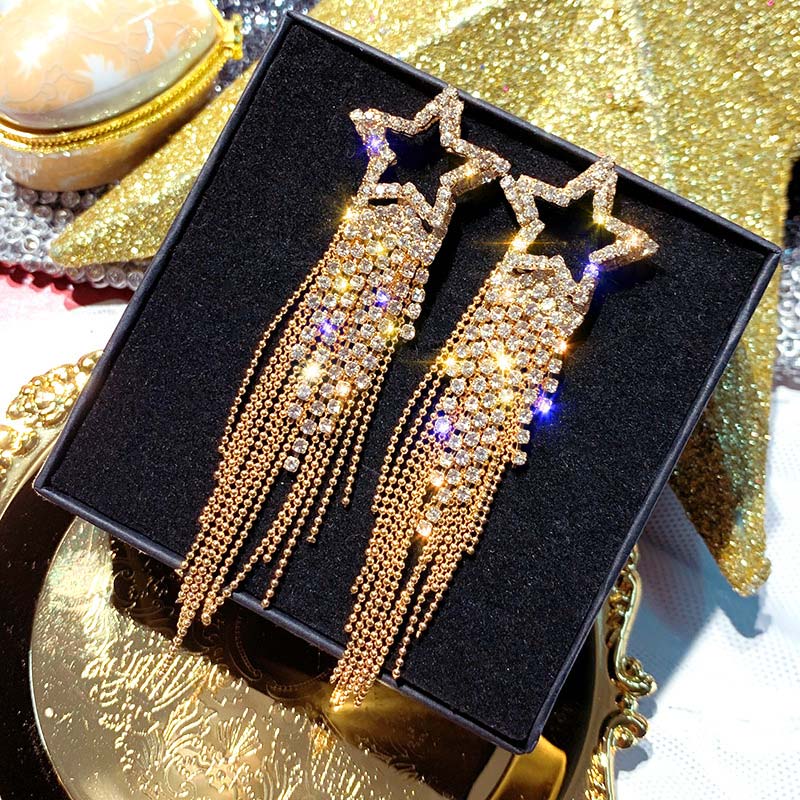 Star Pattern Studded Tassel Design Earring