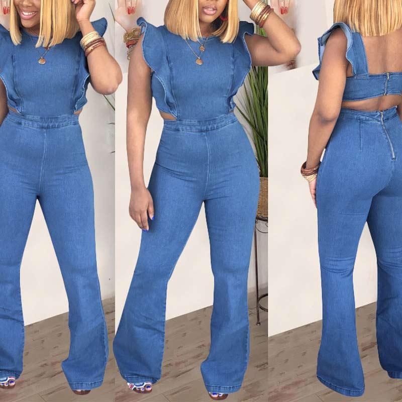 Solid Ruffle Design Zipper Detailed Denim Jumpsuit