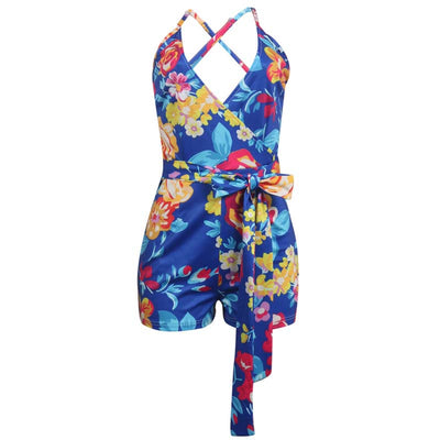 Floral Print Deep V-Neck Sleeveless Romper With Belt