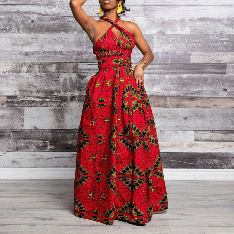 Print Sleeveless Halter Bandage High Slit Maxi Dress