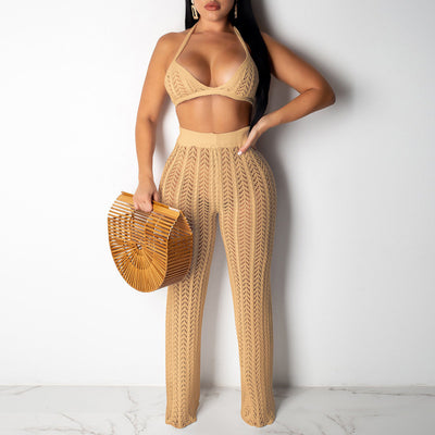 Solid Knitted Mesh Hollow Out Two Piece Set