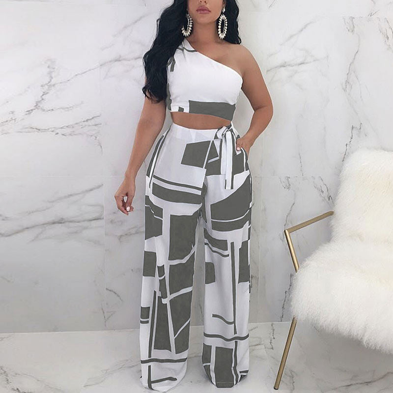 Printed One Shoulder Tied Two Piece Set