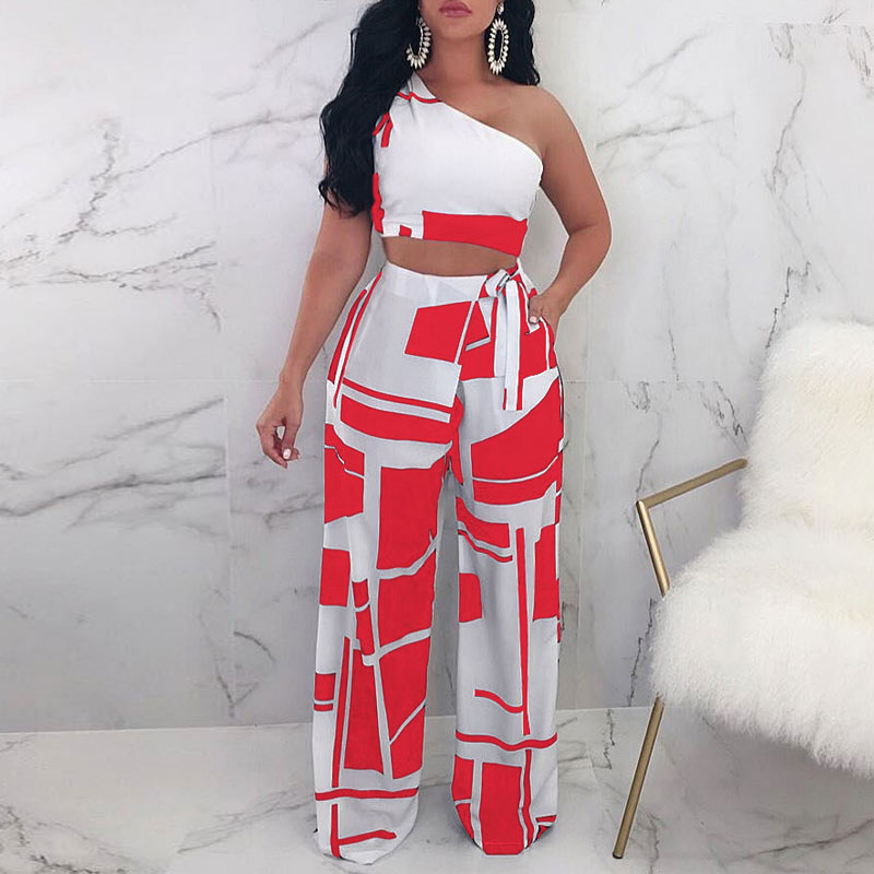 Printed One Shoulder Tied Two Piece Set