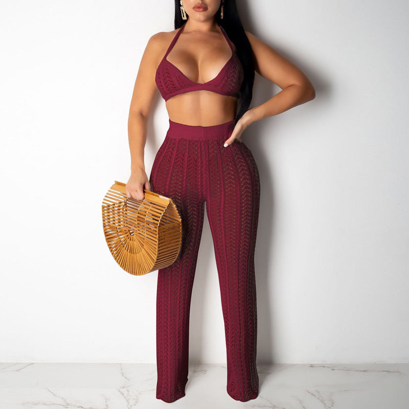 Solid Knitted Mesh Hollow Out Two Piece Set