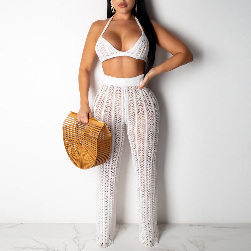 Solid Knitted Mesh Hollow Out Two Piece Set