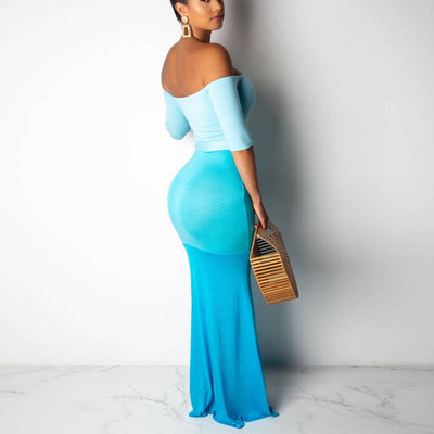 Off Shoulder Long Sleeve Gradient Maxi Dress