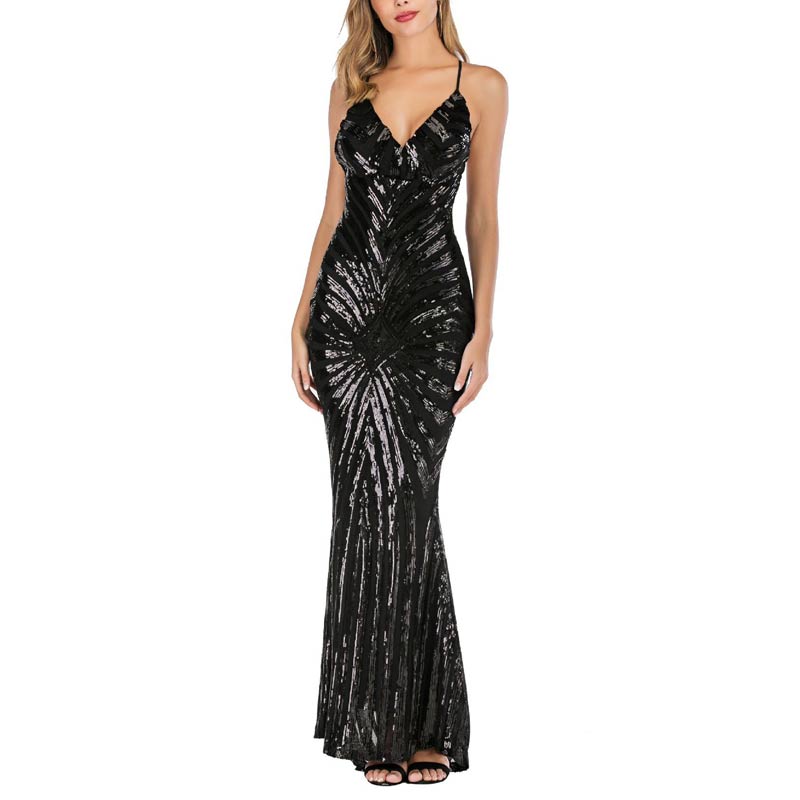 Sequins Deep V-Neck Sleeveless Maxi Dress