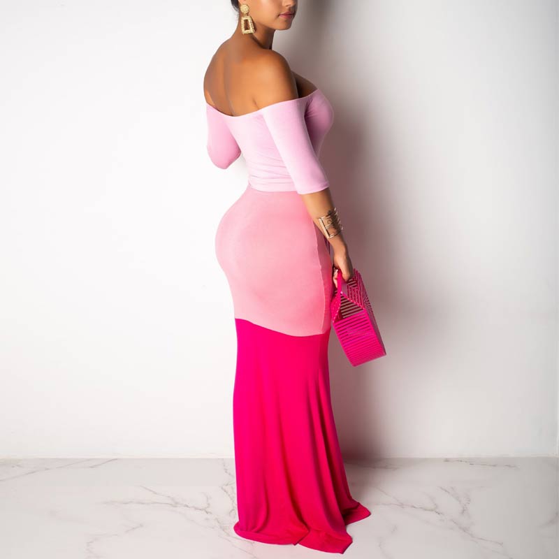 Off Shoulder Long Sleeve Gradient Maxi Dress