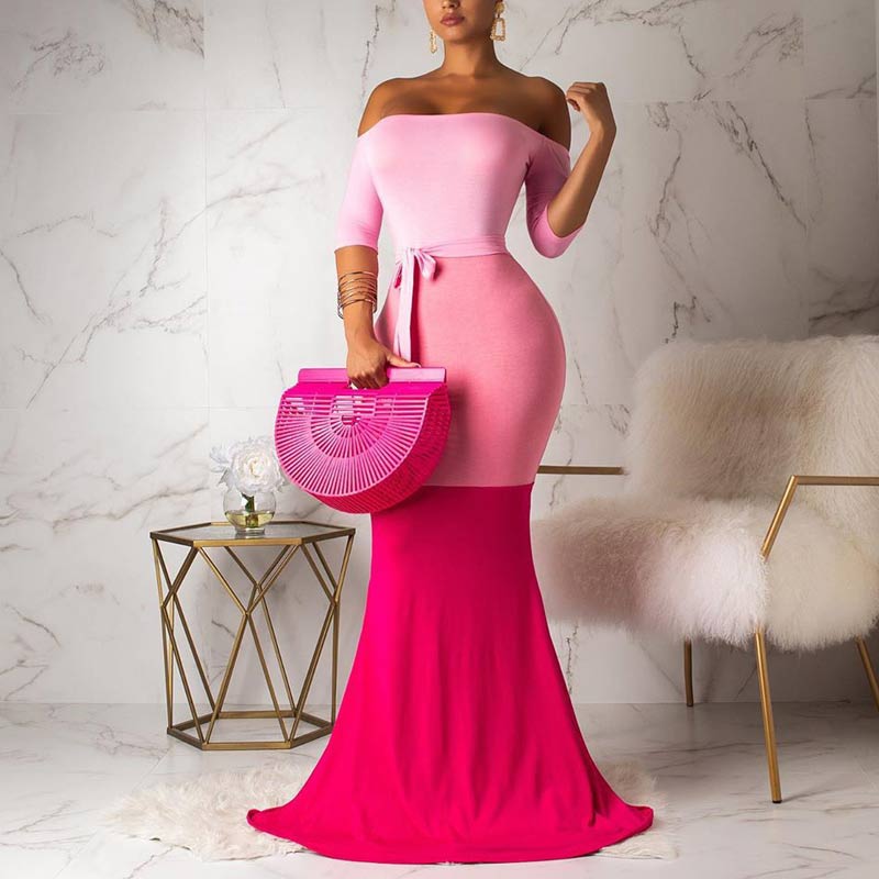 Off Shoulder Long Sleeve Gradient Maxi Dress