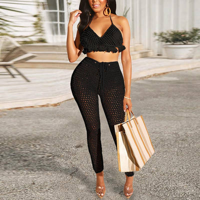 Solid Hollow Out Sleeveless Pants Set