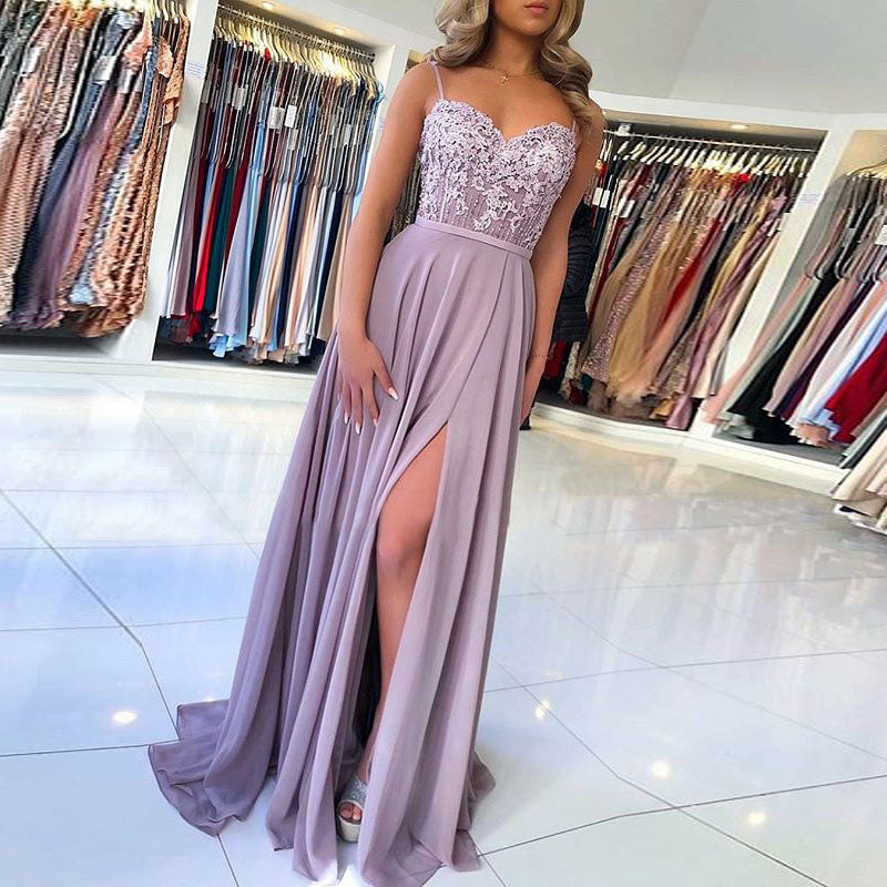 Solid Sleeveless Lace Patchwork High Slit Maxi Dress