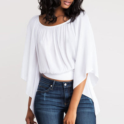 Solid Batwing Sleeve Backless Bowknot Loose Top