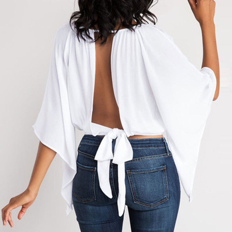 Solid Batwing Sleeve Backless Bowknot Loose Top