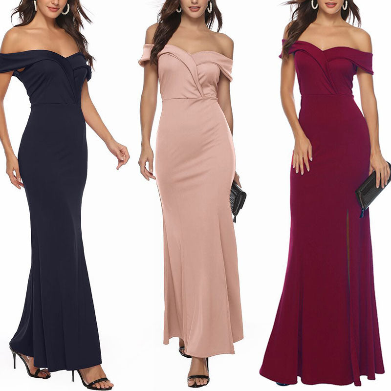 Solid Off Shoulder Slit Maxi Dress