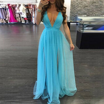 Solid Deep V-Neck Sleeveless Sheer Mesh Maxi Dress