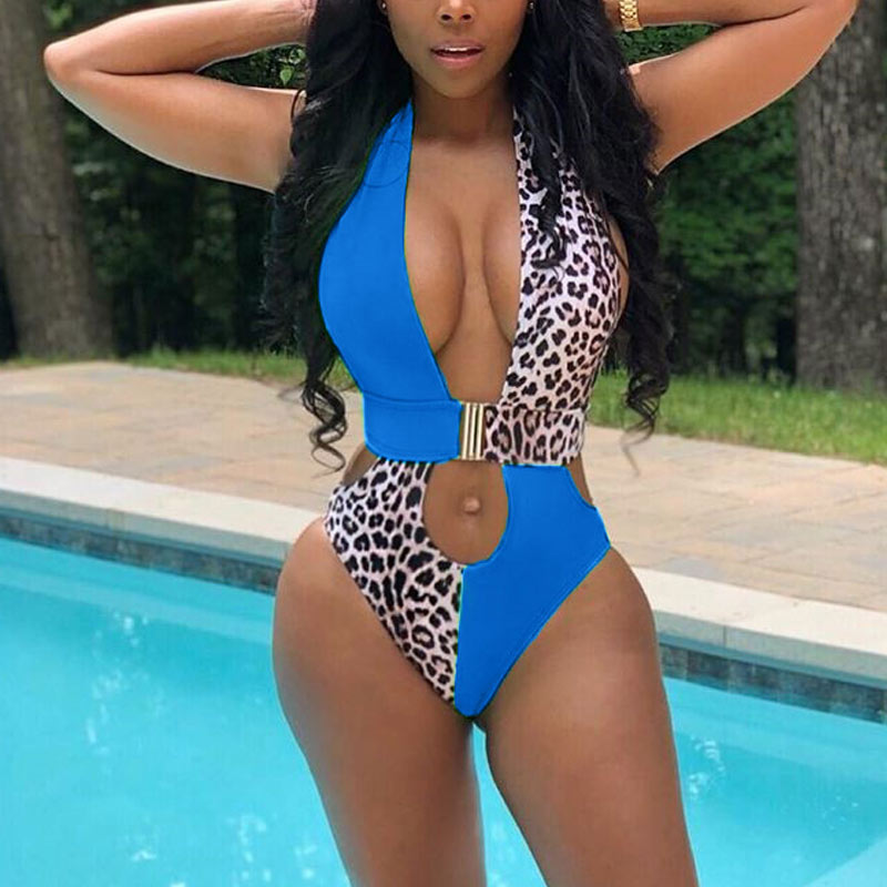 Colorblock Leopard Pattern Hollow Out Swimsuit