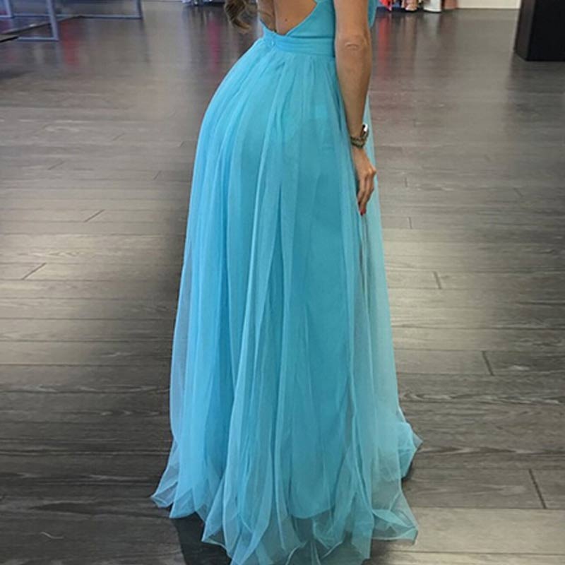 Solid Deep V-Neck Sleeveless Sheer Mesh Maxi Dress