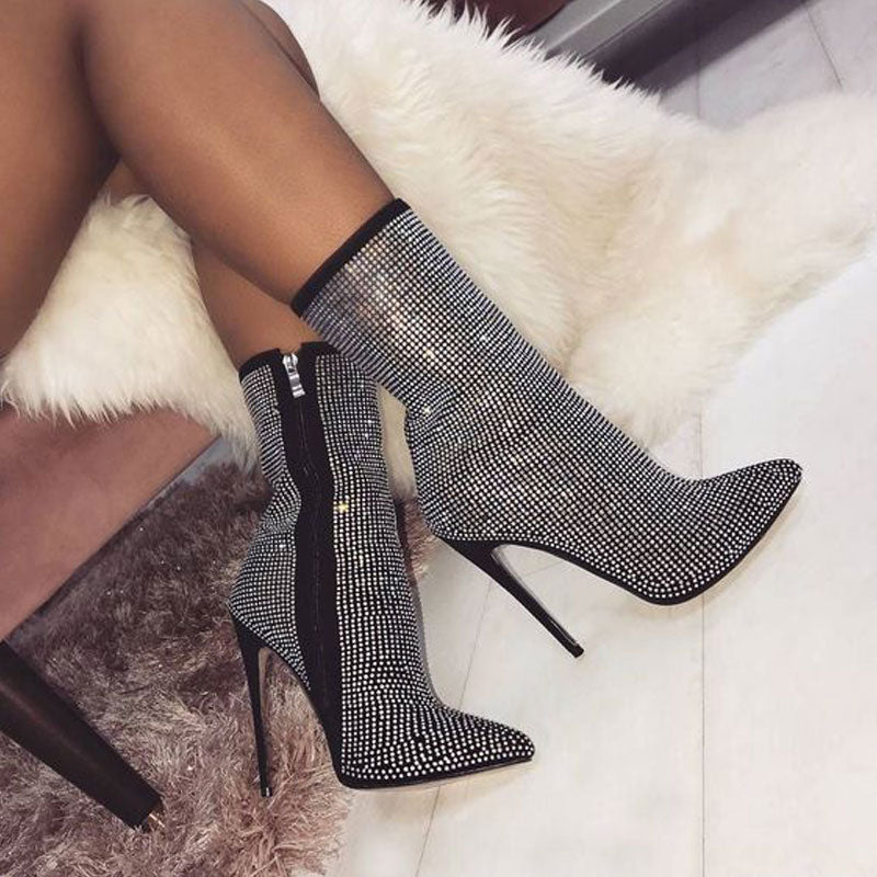 Rhinestone Zipper Design Pointed Toe Thin Heeled Boots