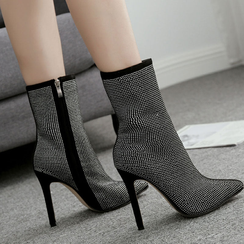 Rhinestone Zipper Design Pointed Toe Thin Heeled Boots