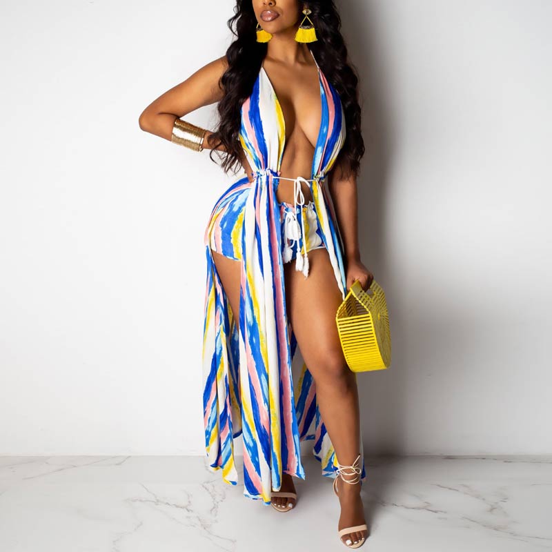 Stripe Pattern Sleeveless Halter Two Piece Set