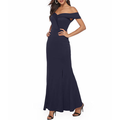 Solid Off Shoulder Slit Maxi Dress