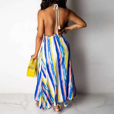 Stripe Pattern Sleeveless Halter Two Piece Set