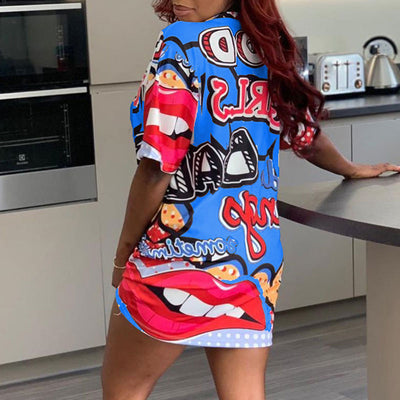 Lips Pattern Letter Print Short Sleeve Casual Dress