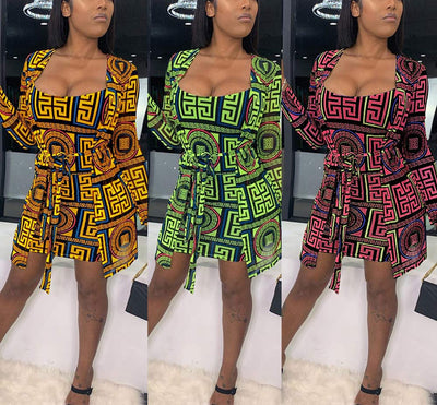 Colorblock Print Bodycon Dress & Top Set