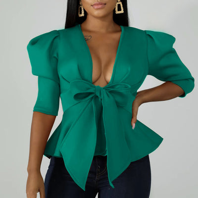 V-Neck Half Puff Sleeve Ruffles Top With Belt