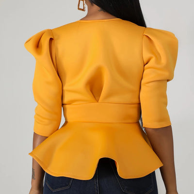 V-Neck Half Puff Sleeve Ruffles Top With Belt