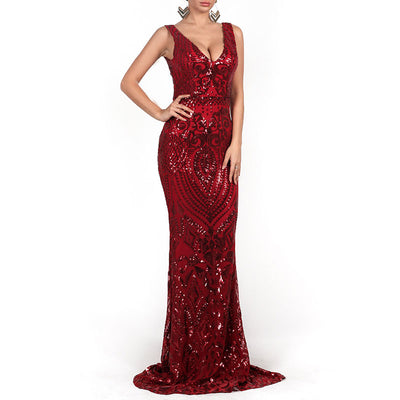 Sequins Deep V-Neck Sleeveless Floor-Length Dress