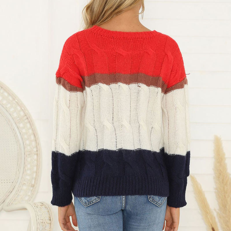 Striped Print Patchwork Round Neck Long Sleeve Sweater