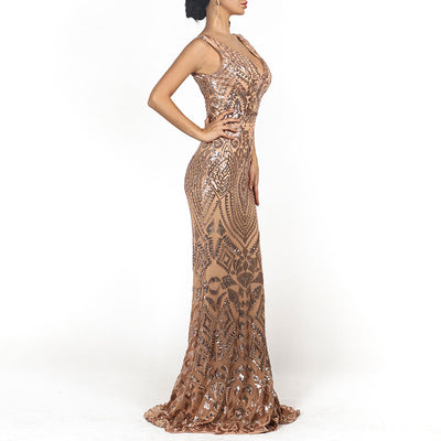 Sequins Deep V-Neck Sleeveless Floor-Length Dress