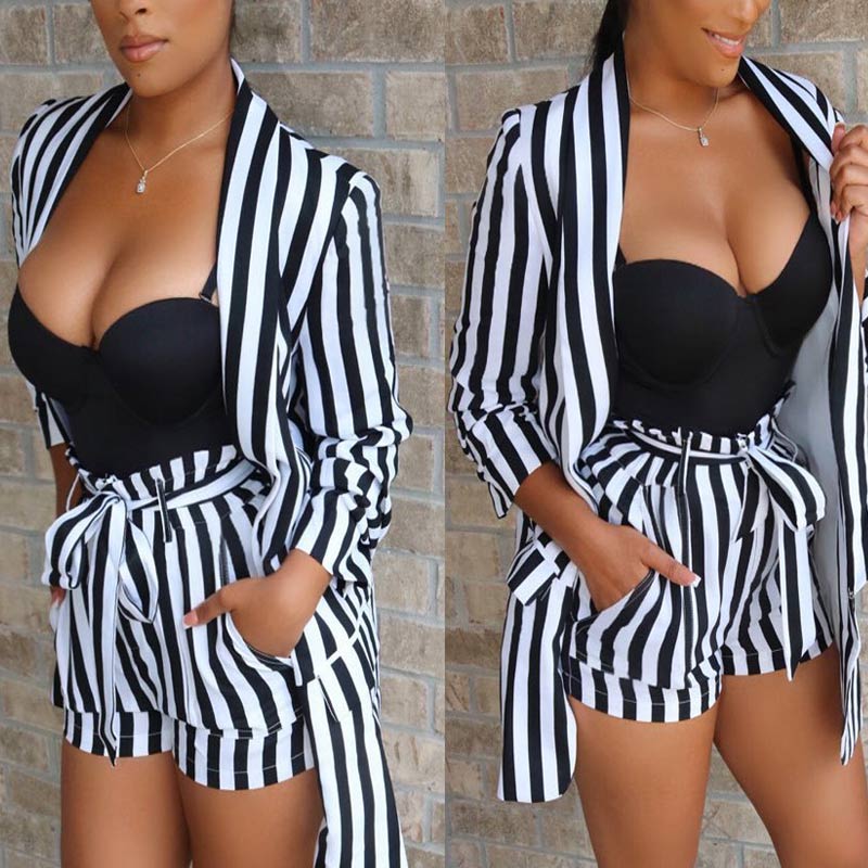 Stripe Pattern Long Sleeve Blazer Coat & Shorts Set