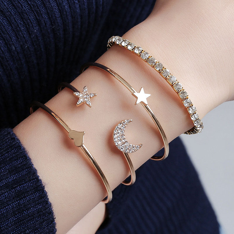 Rhinestone Star & Moon Shaped 4PCS Bracelet Set