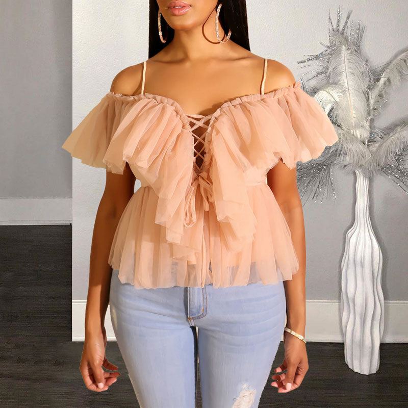 Solid Sleeveless Lace Up Sheer Mesh Top