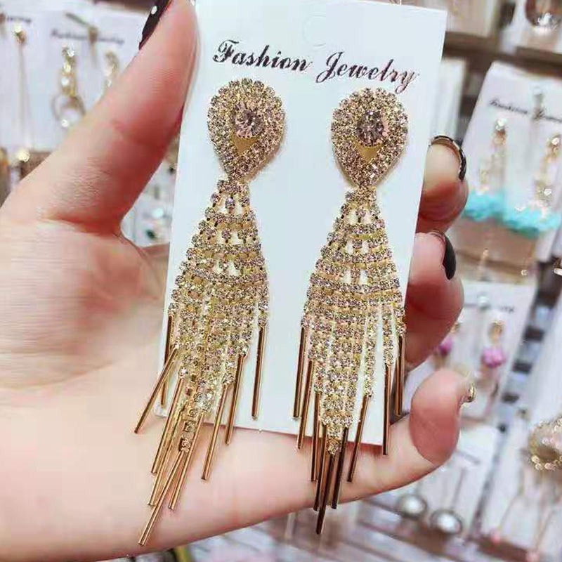 Rhinestone Tassel Design Drop Earrings