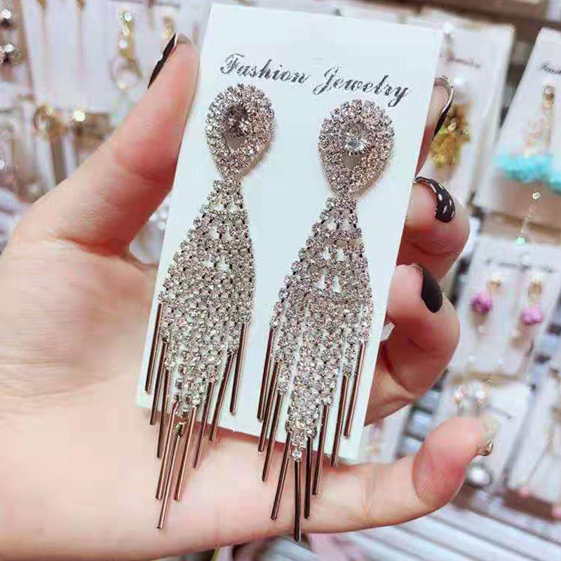 Rhinestone Tassel Design Drop Earrings