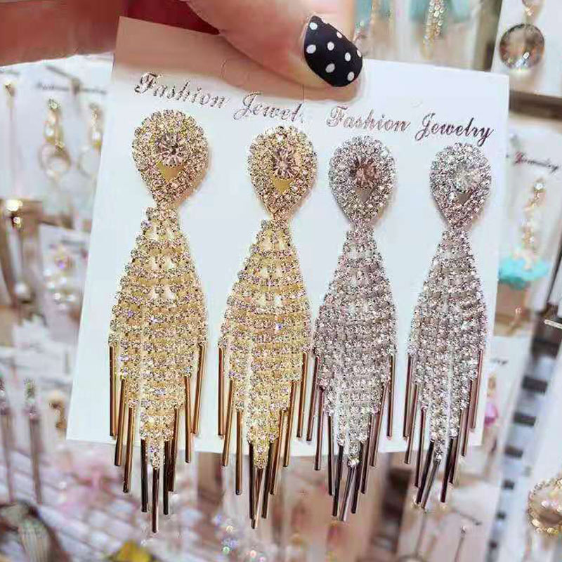 Rhinestone Tassel Design Drop Earrings