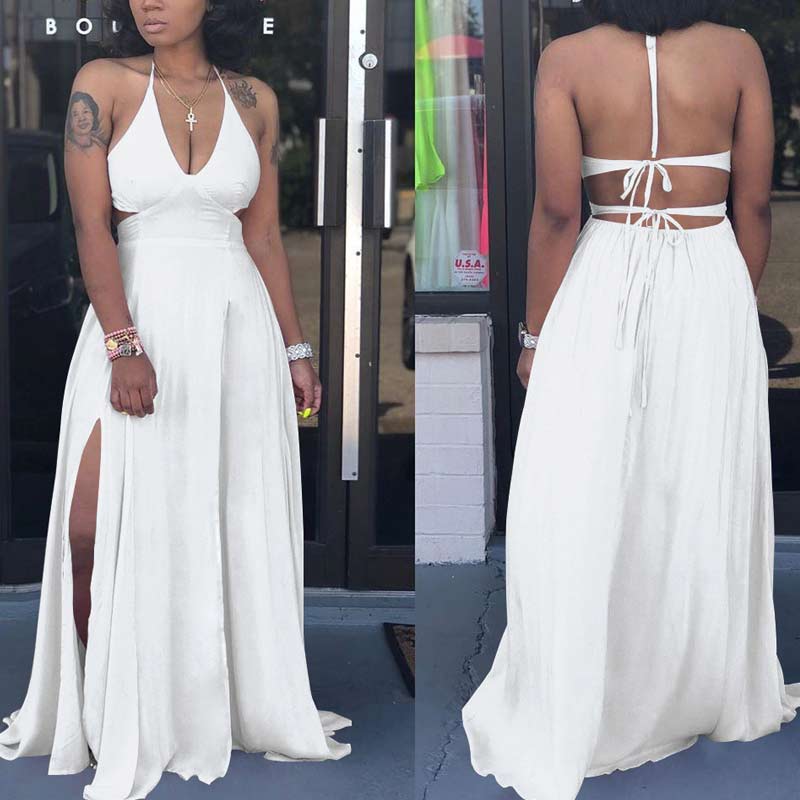 Solid Halter Backless Bandage High Slit Maxi Dress