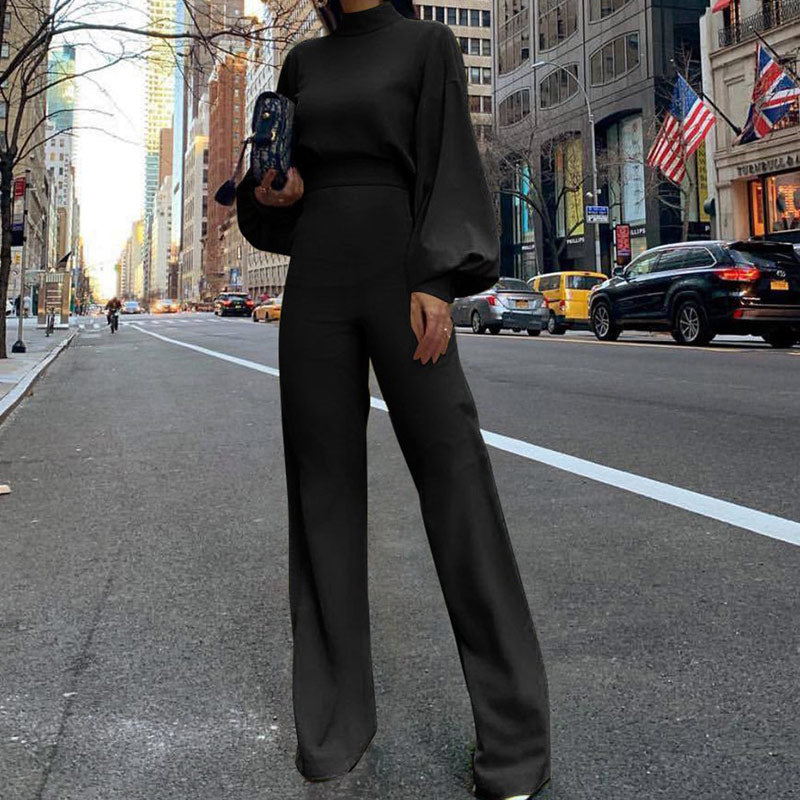 Solid Turtleneck Open Back Jumpsuit