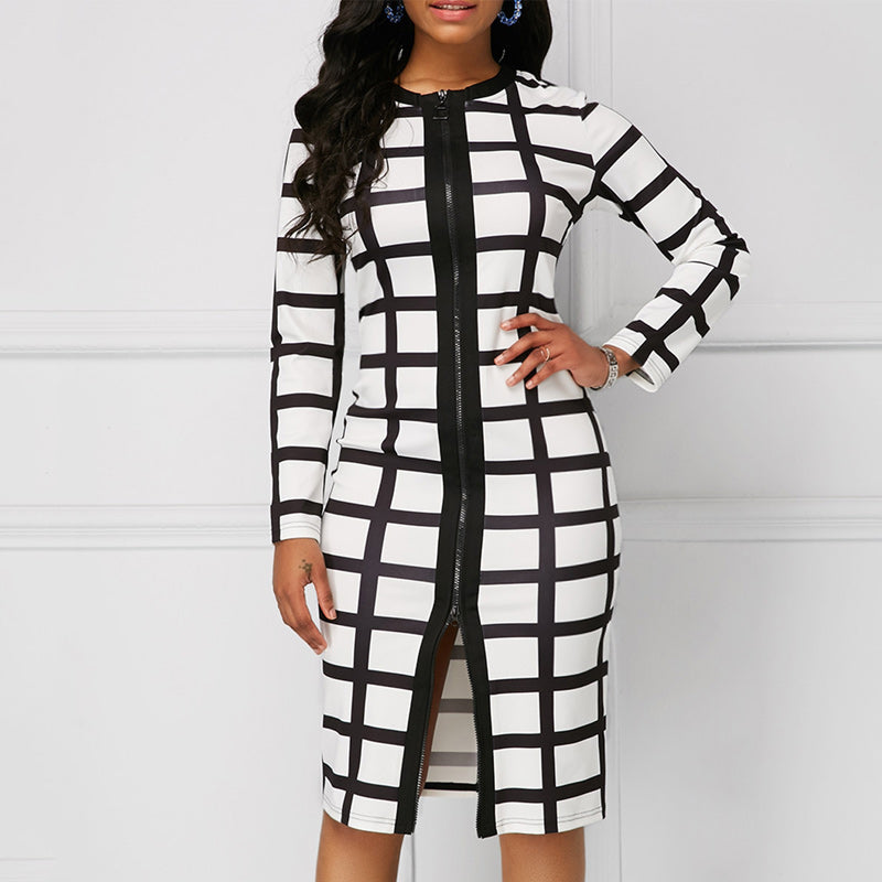 Colorblock Plaid Long Sleeve Zipper Detailed Bodycon Dress