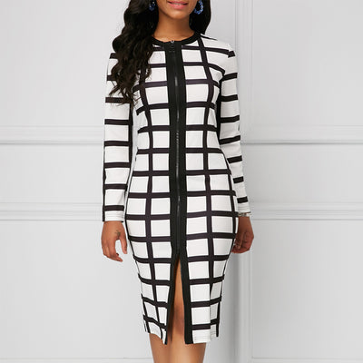 Colorblock Plaid Long Sleeve Zipper Detailed Bodycon Dress