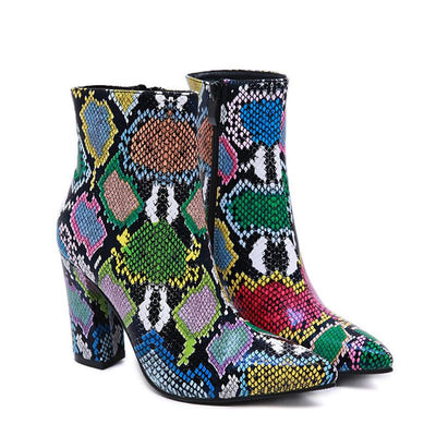 Colorful Snakeskin Chunky Heeled Boots - Cherrybetty