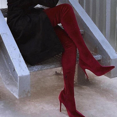 VelVet Pointed Toe Thin Heeled Knee-High Boots