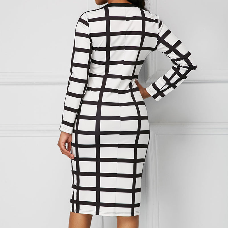 Colorblock Plaid Long Sleeve Zipper Detailed Bodycon Dress